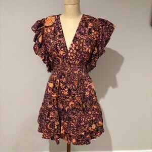 Ulla Johnson Kiri plum batik printed flutter sleeve dress